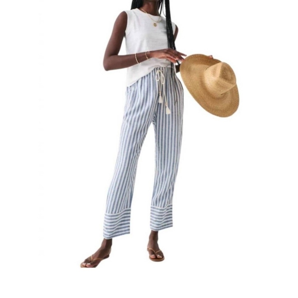 Faherty Pacific Beach Linen Striped Drawstring Tassel Pants Blue White Womens L